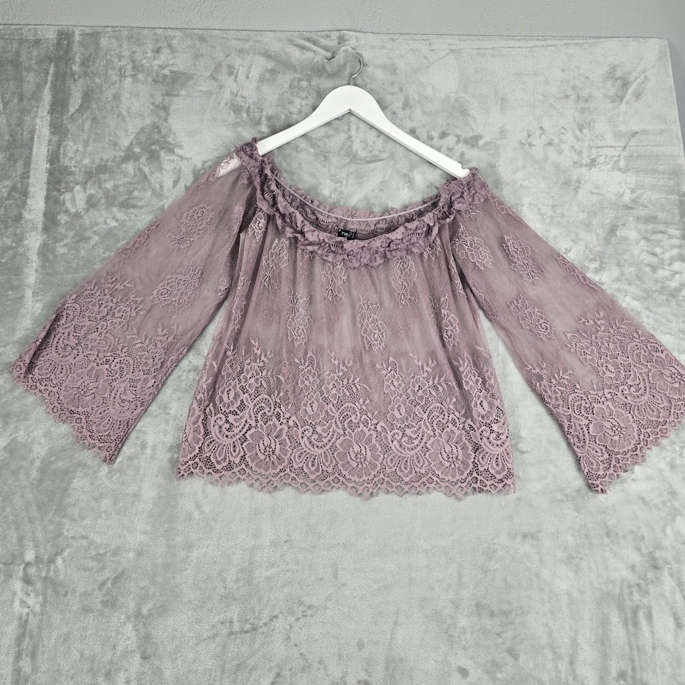 Rue21 Womens Mesh Embroidered Floral Whimsigoth Blouse Purple Medium Bell Sleeve